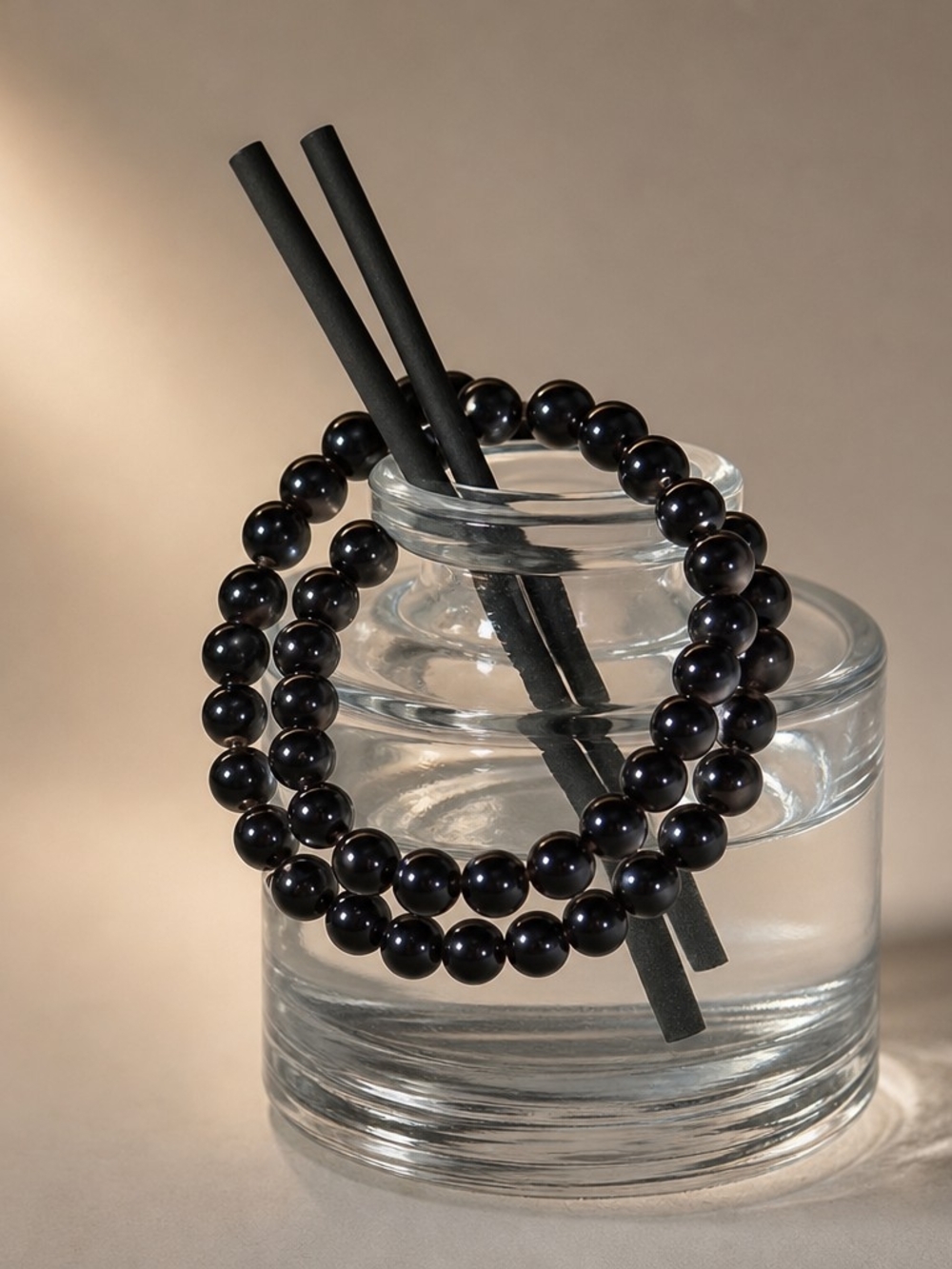 Classic Black Silver Obsidian Beaded Stretch Bracelet Set